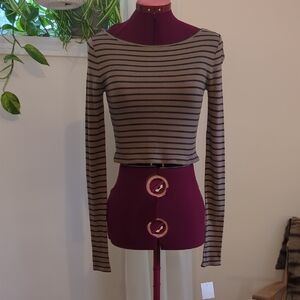 BCBGMaxAzria / Camel and Black Striped Cropped Long-Sleeve Top / Medium